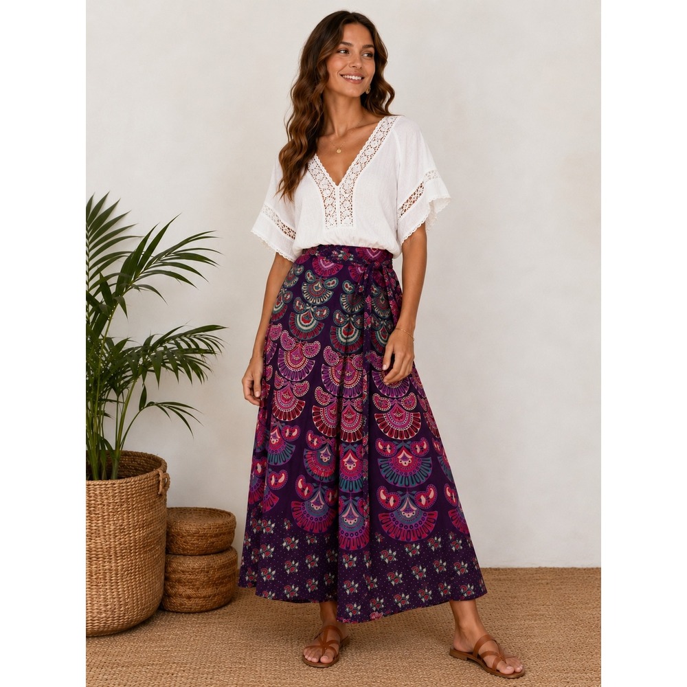 NWT Darn Good Yarn Wrap Maxi Skirt 4-12 Purple Peacock‎ Cotton Boho Cottagecore